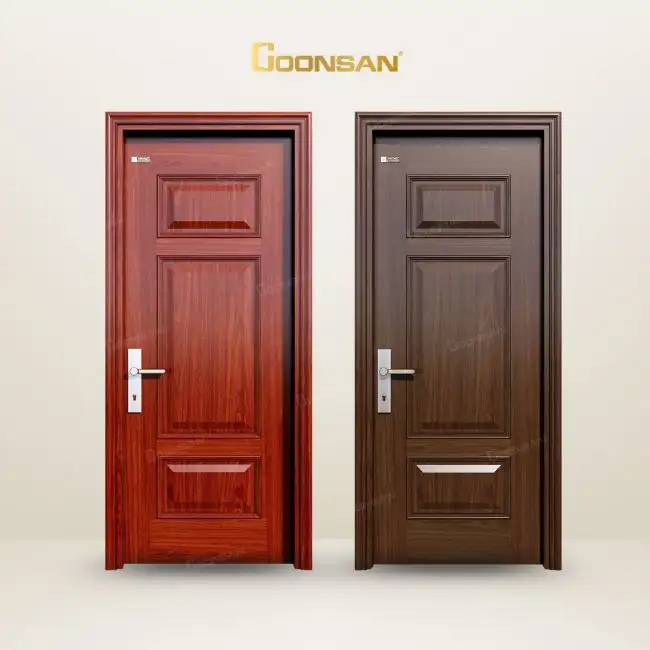 Mẫu cửa thép vân gỗ cho chung cư 1 cánh hiện đại