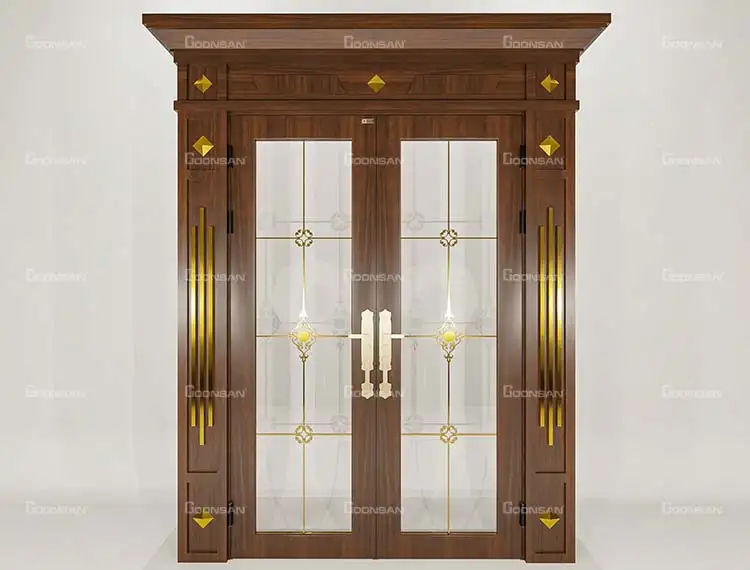 Mẫu cửa thép vân gỗ kết hợp kính cường lực