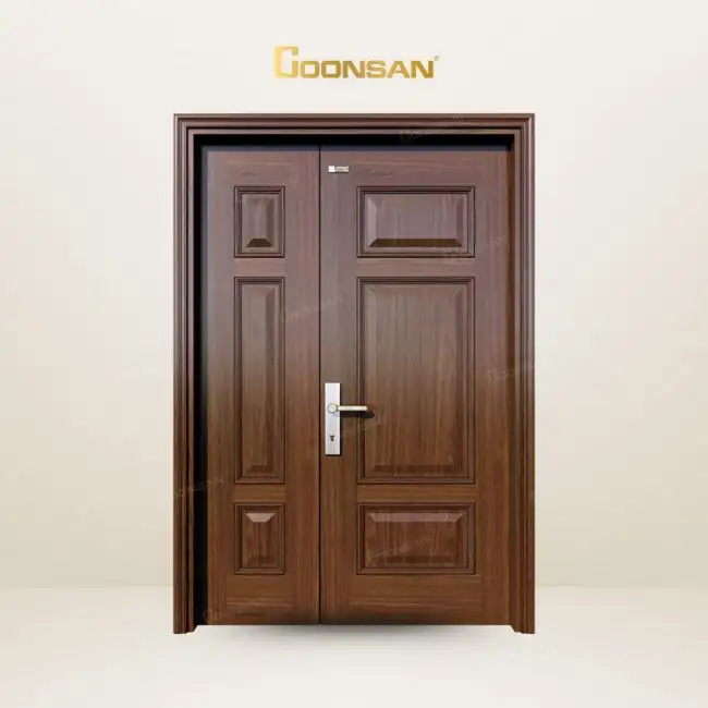 Cửa thép vân gỗ 2 cánh lệch