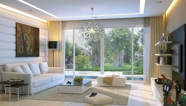 Mẫu cửa kính cường lực phòng khách đẹp hiện đại 2025