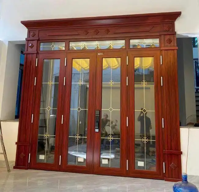 Mẫu cửa nhôm thủy lực 4 cánh màu vân gỗ hệ Goonsan