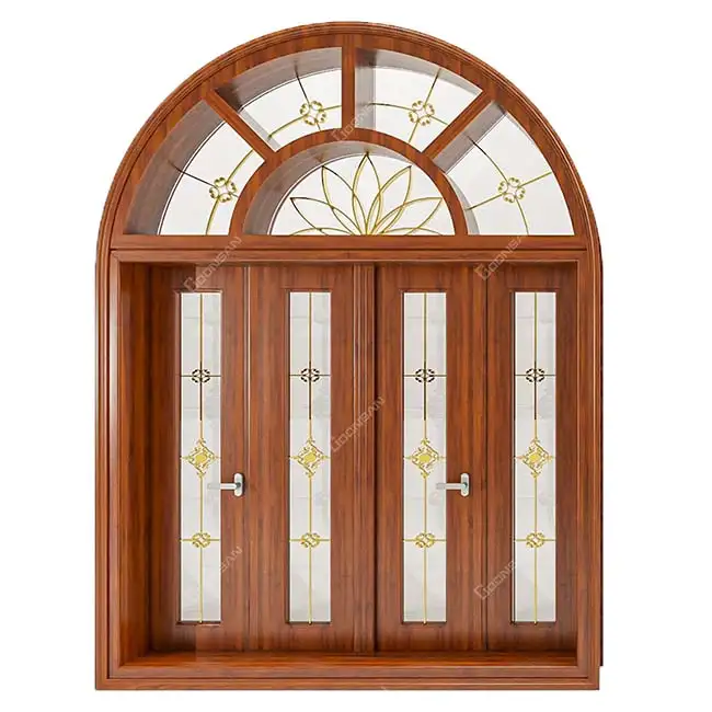 Mẫu cửa vòm phòng khách 4 cánh sang trọng kết hợp kính hộp hoa nan đồng